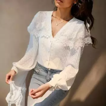 Элегантные топы, модная женская одежда, женская рубашка в Корейском стиле с длинным рукавом и v-образным вырезом, повседневная кружевная блузка на пуговицах Blusas 29629 S абрикосовый
