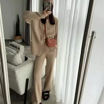 Элегантные трикотажные изделия Брюки Ансамбли Мягкий свитер Кардиган Топы Костюм Трикотажные брюки с широкими штанинами Conjunto Повседневный трикотажный комплект из двух предметов XL чёрный