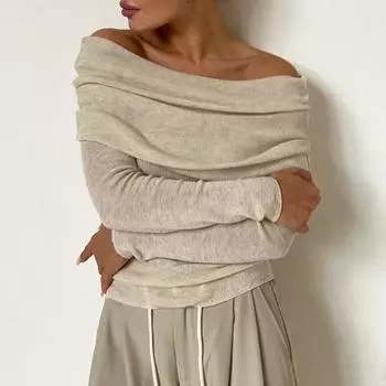 Элегантные трикотажные изделия с открытыми плечами и длинными рукавами, топы, сексуальный пуловер, вязаный свитер для женщин, модные осенние облегающие однотонные свитера с разрезом по горловине для женщин 1743 S белый