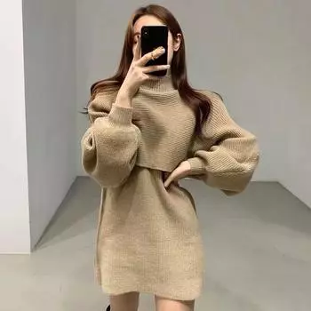 Элегантные трикотажные однотонные платья для осени и зимы Платье с рукавами-фонариками для женщин XL чёрный