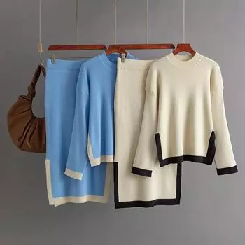 Элегантные трикотажные юбки, костюмы для женщин, осенние, новые модные дизайны, контрастные топы с круглым вырезом, юбка с разрезом, женские комплекты из двух частей One Size серый