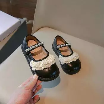 Элегантные туфли для девочек-принцесс, шикарные модные детские кожаные туфли с кружевными оборками, нескользящие дышащие повседневные туфли на плоской подошве 23 чёрный