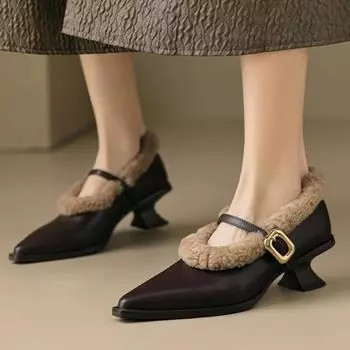 Элегантные туфли Мэри Джейн с металлической пряжкой, женские, шикарные, фирменные, меховые, на низком каблуке, женские, зимние, теплые, с плюшевым поясом, туфли-лодочки Zapatos 35 чёрный