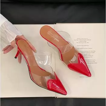 Элегантные туфли-мюли с прозрачным ПВХ, острым носком и каблуком-рюмочкой в форме сердца для женщин 2025, черные, белые, красные, дизайнерские люксовые туфли-лодочки 35