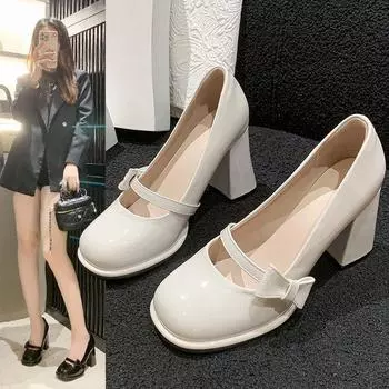 Элегантные туфли на каблуке женские 8 см высокий каблук бант однотонные Мэри Джейн Сапатос взрослое платье розовый белый черный обувь для косплея 39 белый