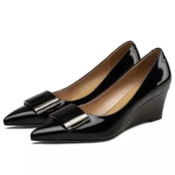 Элегантные туфли на высокой танкетке для женщин, из натуральной кожи, роскошные, с пряжкой, с острым носком, туфли-лодочки на танкетке, телесные, черные, для вечеринки, свадьбы, офиса 34 чёрный