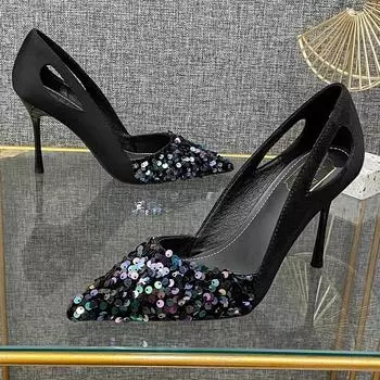 Элегантные туфли на высоком каблуке, женские сексуальные туфли-лодочки с острым носком, модные туфли с блестками для ночного клуба, туфли на каблуке для вечеринки, женские туфли Tacones Mujer 35 чёрный