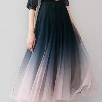 Элегантные тюлевые юбки женские с высокой талией градиентная сетка плиссированная юбка-миди корейская эластичная свободная повседневная универсальная юбка трапециевидной формы S синий