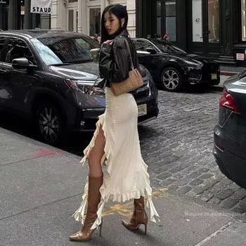 Элегантные юбки с боковым разрезом для женщин, модные облегающие юбки-футляры с высокой талией, летние женские повседневные тонкие юбки с рюшами в форме медузы, Femme Street Bottoms S абрикосовый