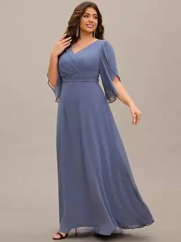 Элегантные вечерние платья из шифона с рукавами-полуфонами и плиссированными украшениями для женщин больших размеров Ever-Pretty 9XL сине серый