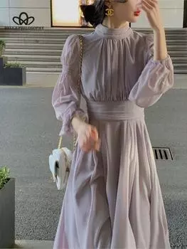 Элегантные вечерние платья в стиле принцессы с длинными рукавами, женское белое платье-миди с высоким воротником, модное корейское платье-миди S бежевый