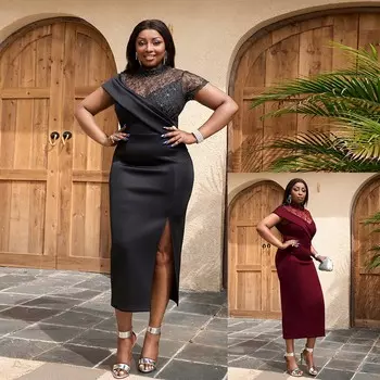 Элегантные вечерние женские кружевные лоскутные платья с коротким рукавом и разрезом на шее, летние стильные платья, халаты S чёрный