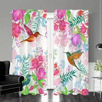 Элегантные винтажные декоративные шторы для гостиной с изображением колибри и цветочным принтом в стиле бохо из полиэстера и жаккарда, 2 шт. (W50H130cm)-2pcs&Hook