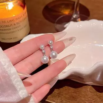 «Элегантные винтажные серьги с жемчугом и цирконием для женщин — французский шик, изысканный стиль» A1806 серебряный