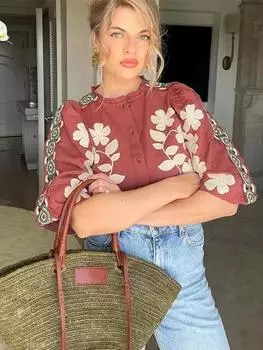 Элегантные винтажные свободные топы с круглым вырезом и половиной рукавов, женские летние повседневные однобортные топы из натурального однобортного топа, женская дизайнерская тонкая блузка с принтом S красный