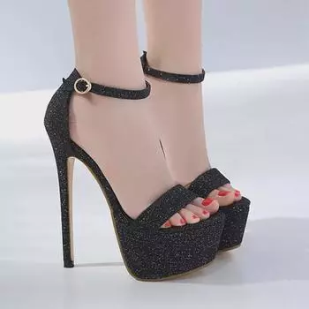 Элегантные водонепроницаемые босоножки на высоком каблуке для женщин, с одним ремешком, блестящая отделка, размер 46 34 чёрный