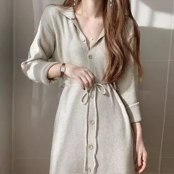 Элегантные вязаные платья для женщин, осенне-зимнее корейское платье-миди с длинным рукавом и отложным воротником, свитер трапециевидной формы с поясом One size чёрный