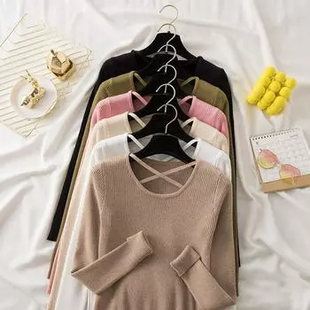 Элегантные вязаные женские свитера с длинным рукавом, женские осенне-зимние новые облегающие базовые топы, свитер с круглым вырезом, повседневные офисные женские трикотажные джемперы 25486 One Size чёрный