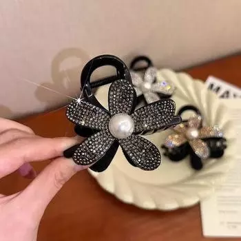 Элегантные заколки для волос с большими жемчужинами и цветами для женщин, корейские сверкающие кристаллы, черные когти акулы, заколка для волос, аксессуары для волос для девочек