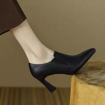 Элегантные замшевые женские туфли-лодочки, модные туфли на высоком толстом каблуке, классические туфли с острым носком, черные туфли на каблуке для женщин 34