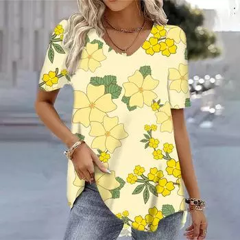 Элегантные желтые топы с v-образным вырезом и короткими рукавами с желтым цветочным принтом, повседневные свободные футболки, уличная одежда, быстросохнущие футболки, женская блузка, S-3XL L