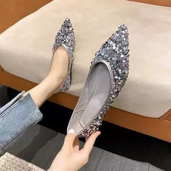 Элегантные женские блестящие серебряные балетки с острым носком, блестящие свадебные туфли для женщин 41-43 больших размеров, блестящие балетки, женские мокасины 4.5