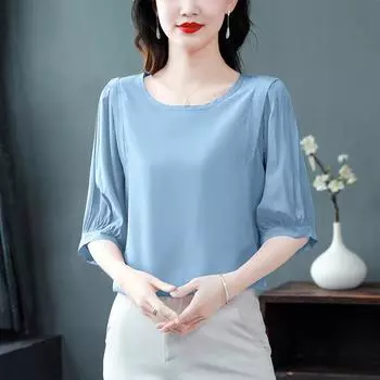 Элегантные женские блузки с рукавами-фонариками, летние блузки с круглым вырезом и рукавом 3/4, модные однотонные туники-топы XXXXL синий