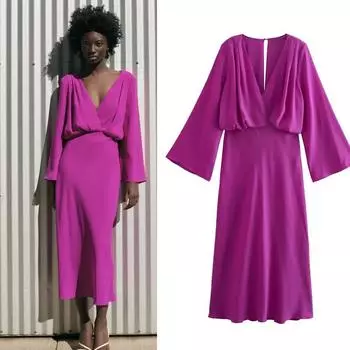 Элегантные женские богемные фиолетовые платья миди, модное шикарное платье с v-образным вырезом и расклешенными рукавами, лето 2023, повседневное винтажное женское платье Vestidos M фиолетовый