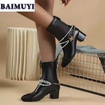 Элегантные женские ботильоны на высоком каблуке с бусинами, массивные туфли для вечеринок, 2025, трендовые зимние короткие плюшевые зимние туфли-лодочки Botas Mujer 35 чёрный