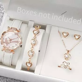 Элегантные женские часы Набор из 6 предметов Кольцо в виде сердца Ожерелье Серьги Браслет Набор ПУ ремешок Женские кварцевые часы