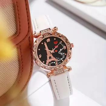 Элегантные женские часы-сердечки со стразами и дизайном Эйфелевой башни – идеальный подарок на День святого Валентина розовый