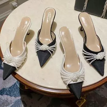 Элегантные женские фетиш-тапочки на высоком каблуке 7 см с жемчугом, туфли-лодочки, женские шлепанцы на низком каблуке с острым носком, летняя качественная обувь из шелкового атласа 37 белый