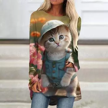 Элегантные женские футболки с милым рисунком кошки, осенняя хлопковая футболка с длинными рукавами, топы, повседневная свободная женская одежда, пуловер Y2K Street S