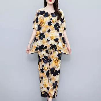 Элегантные женские комплекты из 2 предметов больших размеров, летние повседневные комплекты со свободными брюками, женская одежда среднего возраста XL