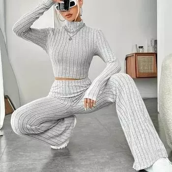 Элегантные женские комплекты весна-осень повседневные трикотажные брюки с высокой талией корейская мода водолазка пуловер комплект из 2 предметов женский наряд S светло-серый