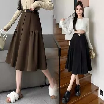 Элегантные женские костюмы юбки для офиса дамы повседневные свободные А-силуэта с высокой талией миди юбка S чёрный