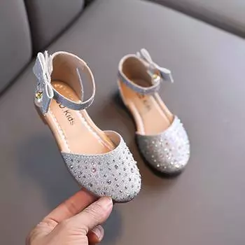 Элегантные женские кожаные туфли, милые модные детские повседневные сандалии на плоской подошве с бантом, корейский стиль, детские туфли принцессы со стразами 21 золотой
