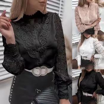 Элегантные женские кружевные рубашки с длинными рукавами и вырезами для рабочей вечеринки, вечерние блузки, топы S чёрный