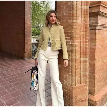 Элегантные женские куртки из твида, пальто, модная однобортная куртка с воротником-стойкой и карманами, женская куртка, осенняя женская верхняя одежда