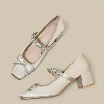 Элегантные женские летние балетки с круглым носком, симпатичные шелковые атласные туфли со стразами, повседневные туфли Мэри Джейн с бантом 35