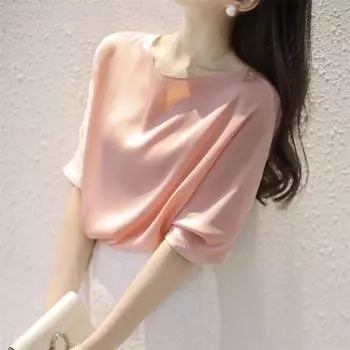 Элегантные женские летние блузки из шелкового шифона, повседневные женские топы, женская рубашка, блузка, сорочка femme blusas, топ с короткими рукавами, розовый S чёрный