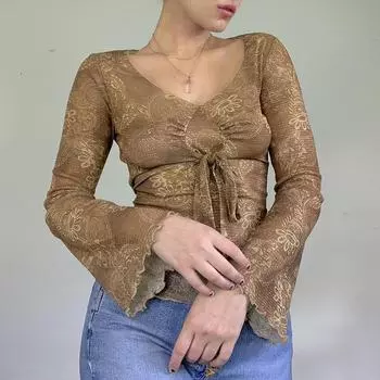 Элегантные женские летние блузки, модные кружевные женские топы, женская рубашка-блузка 2021, сорочка femme blusas, расклешенный топ с длинными рукавами S коричневый