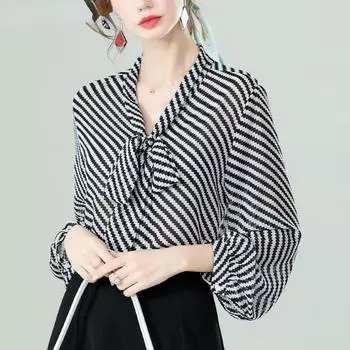 Элегантные женские летние блузки, повседневные женские топы, женская полосатая рубашка с бантом, шифоновая блузка, сорочка femme blusas, топ с длинными рукавами S черный белый