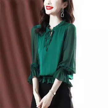 Элегантные женские летние блузки, повседневные женские топы, женская рубашка, блузка, шифоновая сорочка femme blusas, топ с длинными рукавами, женский зеленый S зелёный