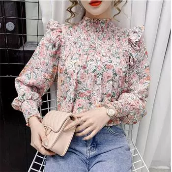 Элегантные женские летние блузки с длинными рукавами, шифоновые оборки, милые женские топы с цветочным принтом, женская рубашка, блузка, сорочка femme blusas S синий