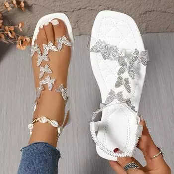 Элегантные женские летние сандалии с акцентами в виде бабочек из стразов, туфли на плоской подошве с открытым носком и ремешком на щиколотке, однотонный верх и внутренняя часть из полиуретана, резиновая подошва, 36 чёрный