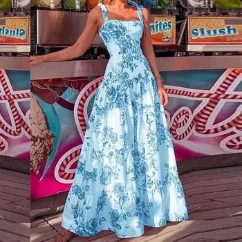 Элегантные женские макси-платья с цветочным принтом 2025 года, летнее темпераментное сексуальное платье со шнуровкой и открытыми плечами, женское платье-халат S-XXXL M синий