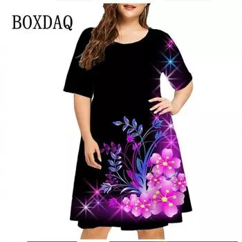 Элегантные женские модные платья с коротким рукавом, повседневные вечерние платья с цветочным принтом, свободная одежда, летние платья больших размеров, женские платья S