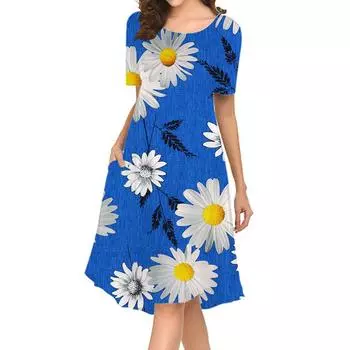 Элегантные женские платья-футболки с круглым вырезом, весна-лето, 3D цветочный принт, модные пляжные сарафаны, платья длиной до колена для женщин 4XL