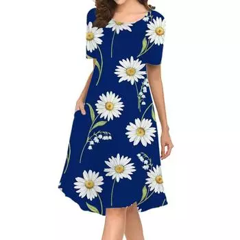 Элегантные женские платья-футболки с круглым вырезом, весна-лето, 3D цветочный принт, модные пляжные сарафаны, платья длиной до колена для женщин S